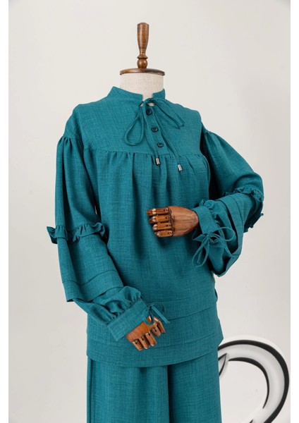 Büzgü Detaylı Kurdaleli Pantolonlu Takım - Zümrüt modelleri