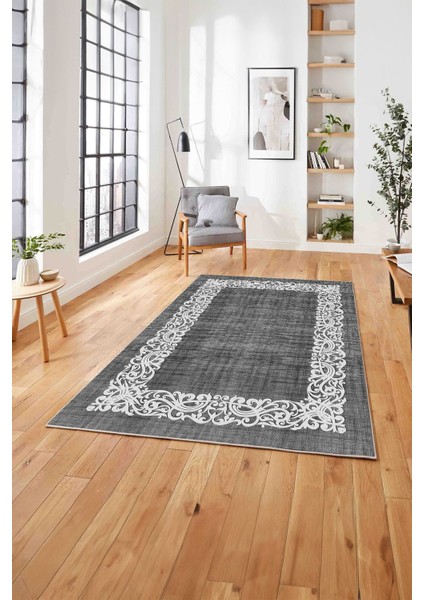 Dijital Baskılı Jüt Çerçeveli Akrilik Model Yıkanabilir Yolluk Mutfak Salon Halısı, Jüt-32-Gri,