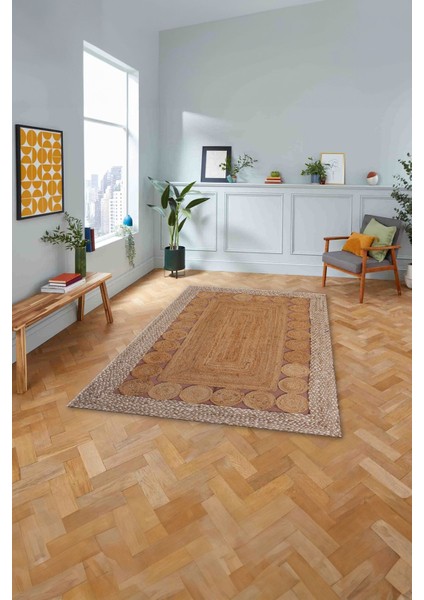 Dijital Baskılı Jüt Model Çerçeveli Yıkanabilir Yolluk Mutfak Salon Halısı, Jüt-29-Bej,