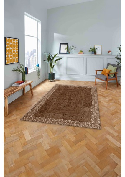 Dijital Baskılı Jüt Model Çerçeveli Yıkanabilir Yolluk Mutfak Salon Halısı, Jüt-29-Kahve,