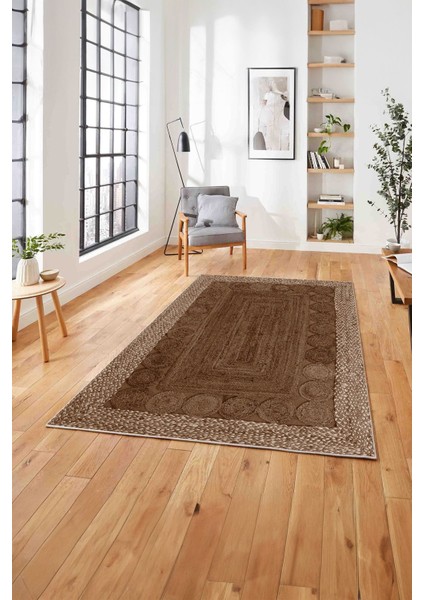 Dijital Baskılı Jüt Model Çerçeveli Yıkanabilir Yolluk Mutfak Salon Halısı, Jüt-29-Kahve,