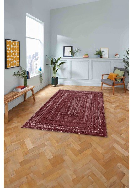 Dijital Baskılı Jüt Dörtgen Model Yıkanabilir Yolluk Mutfak Salon Halısı, Jüt-30-Bordo,