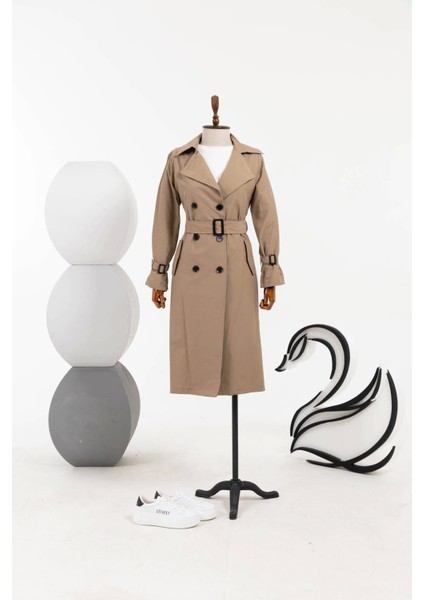 Kuşaklı Çift Düğmeli Ara Boy Kap - Vizon