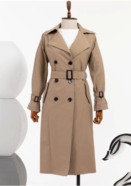 Kuşaklı Çift Düğmeli Ara Boy Kap - Vizon fiyatları