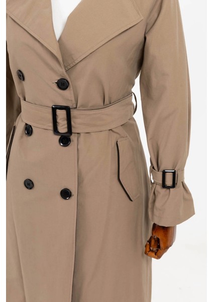 Kuşaklı Çift Düğmeli Ara Boy Kap - Vizon modelleri