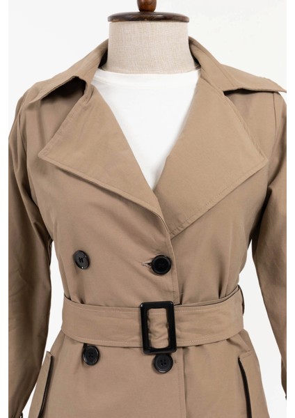 Kuşaklı Çift Düğmeli Ara Boy Kap - Vizon fırsatları