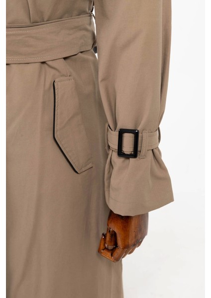 Kuşaklı Çift Düğmeli Ara Boy Kap - Vizon indirimleri