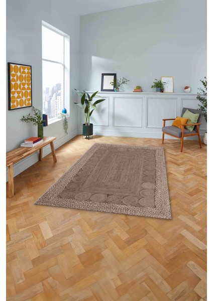 Dijital Baskılı Jüt Model Çerçeveli Yıkanabilir Yolluk Mutfak Salon Halısı, Jüt-29-Vizon,