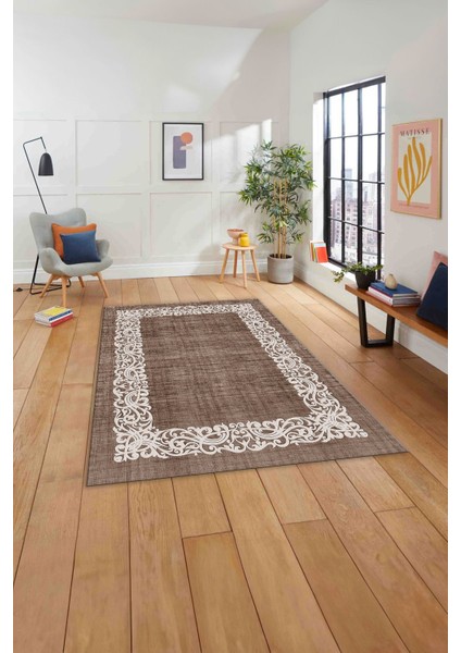 Dijital Baskılı Jüt Çerçeveli Akrilik Model Yıkanabilir Yolluk Mutfak Salon Halısı, Jüt-32-Bej,