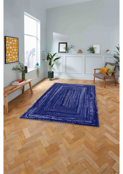 Dijital Baskılı Jüt Dörtgen Model Yıkanabilir Yolluk Mutfak Salon Halısı, Jüt-30-Lacivert,