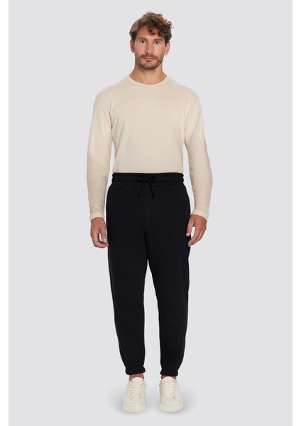 Unisex Relax Fit Rahat Kesim Şardonlu 3 Cepli Lastikli Jogger Paça Siyah Eşofman Altı