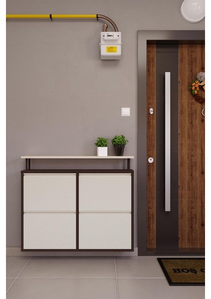 Tablalı 4'lü Metal Ayakkabılık - Kahverengi Krem