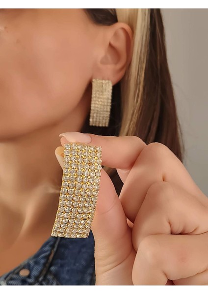 Dikdörtgen Model Abiye Altın Kaplama Gold Küpe