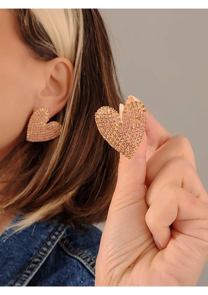 Kalp Love Aşk Model Rhinestone Altın Kaplama Küpe