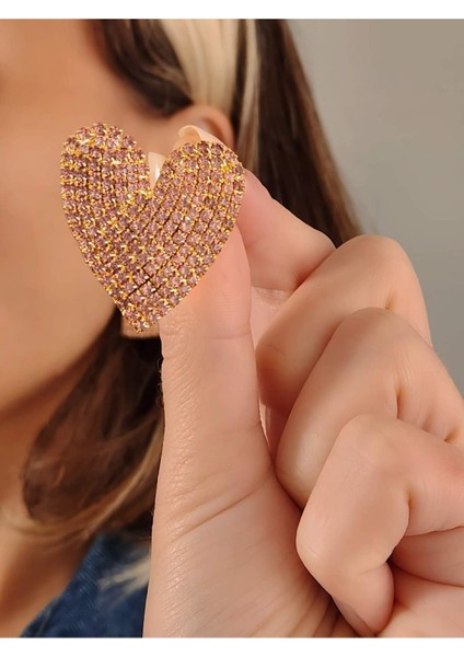 Kalp Love Aşk Model Rhinestone Altın Kaplama Küpe