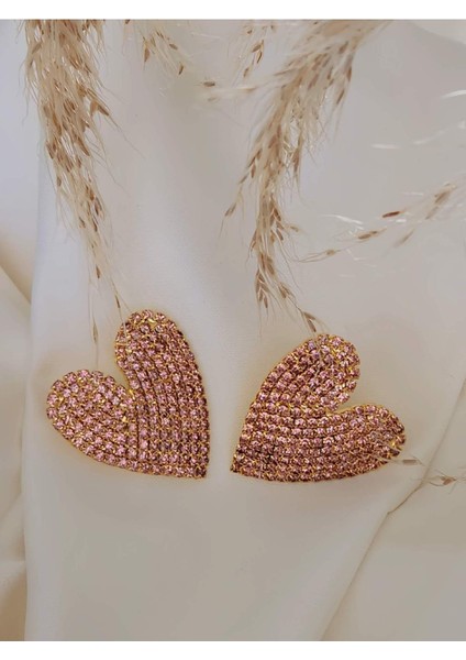 Kalp Love Aşk Model Rhinestone Altın Kaplama Küpe