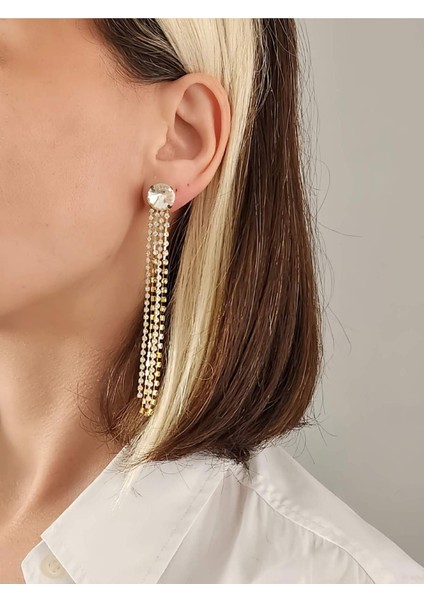 Yuvarlak Zirkon Taşlı Sallantılı Altın Kaplama Gold Renkli Küpe