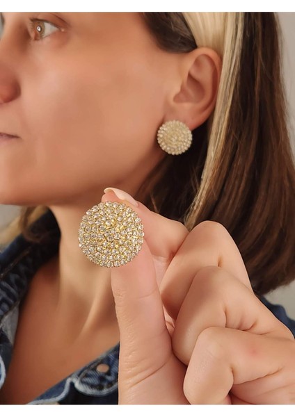 Yuvarlak Model Abiye Altın Kaplama Gold Renkli Küpe