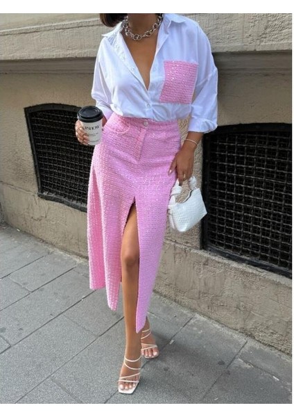 Beyaz Pembe Pullu Cep Detaylı Gömlek