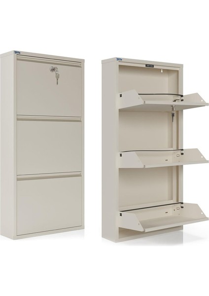 Kilitli 3'lü Metal Ayakkabılık - Krem fırsatları