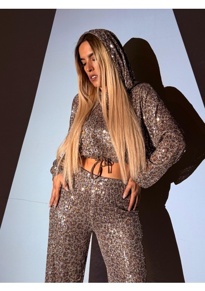 Leopar Pul Payet Crop Tasarım Sweatshirt
