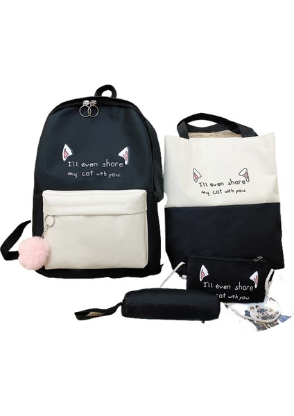 Gündelik Sırt Çantası Dört Parçalı Yeni Kadın Edebi Sırt Çantası Kampüs Tarzı Kanvas Öğrenci Okul Çantası (Yurt Dışından)