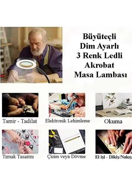 C48 Güçlü Işıklı Büyüteçli Masa Lambası - Büyüteçli Çalışma Lambası 3 Farklı Işık Rengi USB Girişli