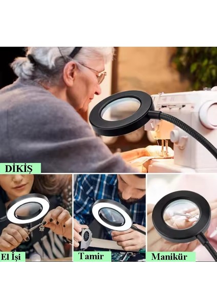 C48 Güçlü Işıklı Büyüteçli Masa Lambası - Büyüteçli Çalışma Lambası 3 Farklı Işık Rengi USB Girişli