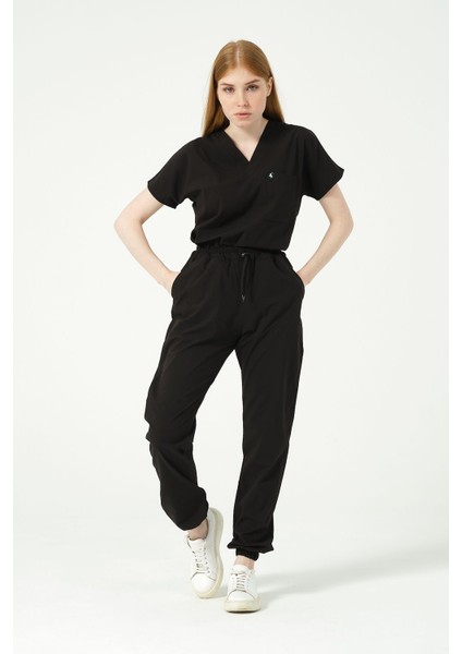 Siyah Likralı Scrubs Jogger Paça Doktor Hemşire Forması Yarasa Kol Takım Unisex