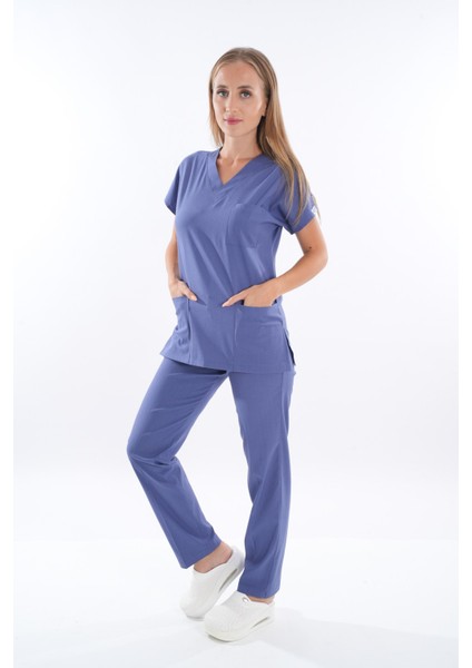 Unisex Soft Likra Fırtına Mavi Hemşire ve Doktor Üniforması Cerrahi Takım Scrubs
