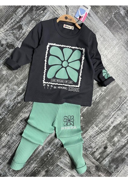 Çiçek Baskılı Fitilli Kız Çocuk Tayt Takım -Uzun Kollu