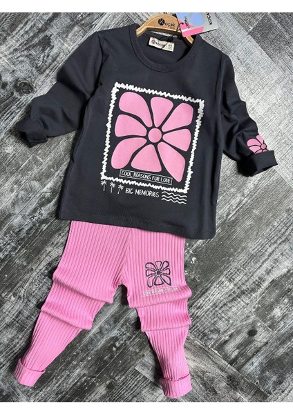 Çiçek Baskılı Fitilli Kız Çocuk Tayt Takım -Uzun Kollu