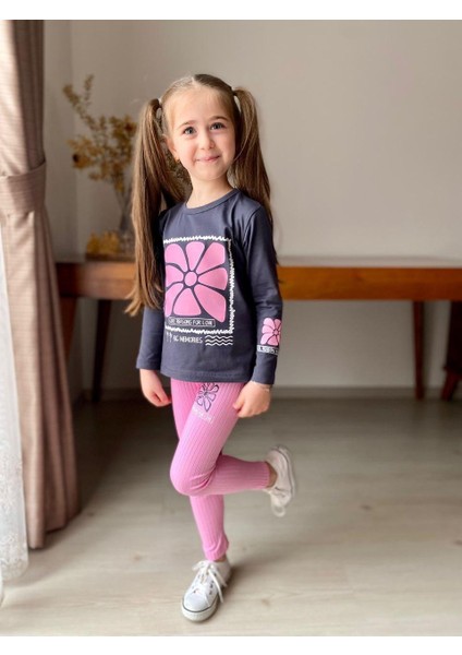 Çiçek Baskılı Fitilli Kız Çocuk Tayt Takım -Uzun Kollu modelleri