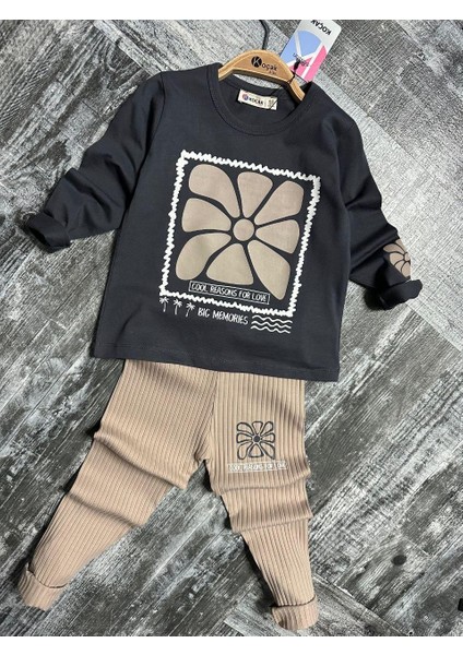 Çiçek Baskılı Fitilli Kız Çocuk Tayt Takım -Uzun Kollu