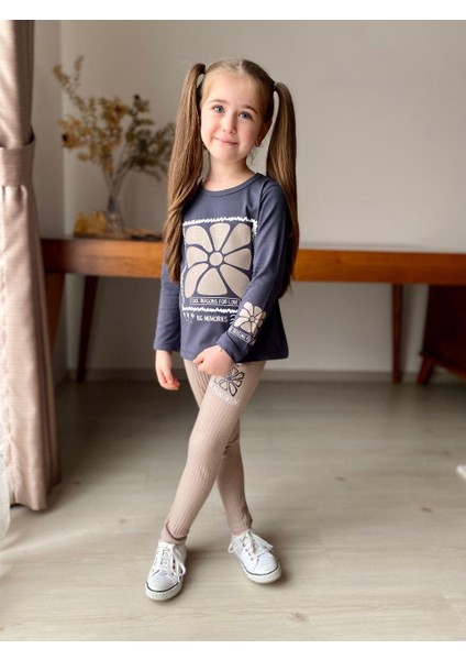 Çiçek Baskılı Fitilli Kız Çocuk Tayt Takım -Uzun Kollu fiyatları