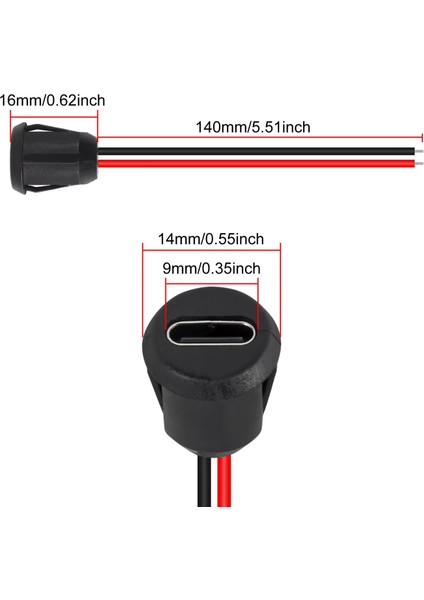 15 Adet, Usb-C Konnektör Type-C Dişi Şasi 2 Pin, Yuvarlak Siyah,