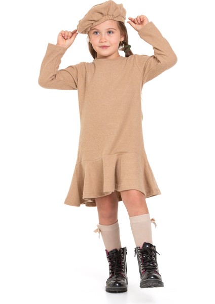 Bisiklet Yaka Fiyonk Detaylı Şapka Aksesuarlı Bej Renk Kız Çocuk Elbise fırsatları