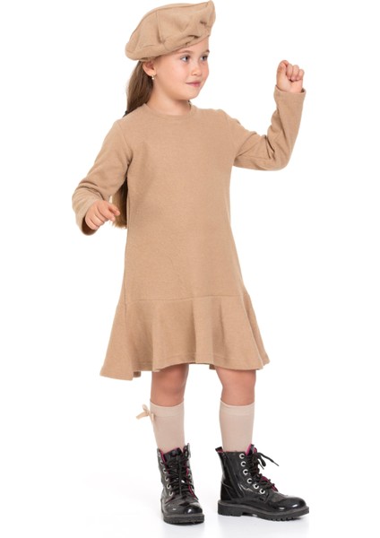 Bisiklet Yaka Fiyonk Detaylı Şapka Aksesuarlı Bej Renk Kız Çocuk Elbise indirimleri
