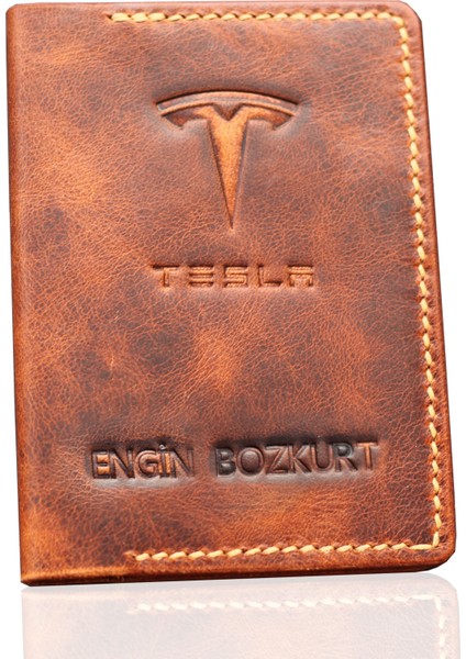 Tesla Logolu Hakiki Deri Taba Ruhsat Kılıfı - Isme Özel