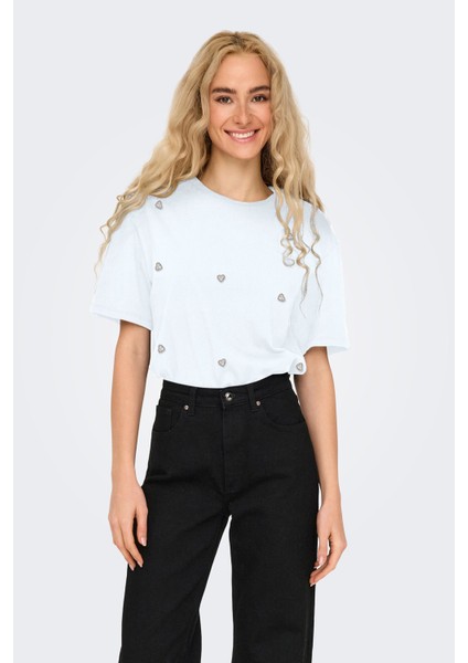 Kadın Onlvıta Bisiklet Yaka Kısa Kol Pamuk T-Shirt 15343769 Ekru