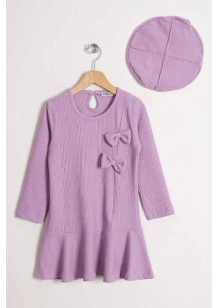 Bisiklet Yaka Fiyonk Detaylı Şapka Aksesuarlı Lila Renk Kız Çocuk Elbise