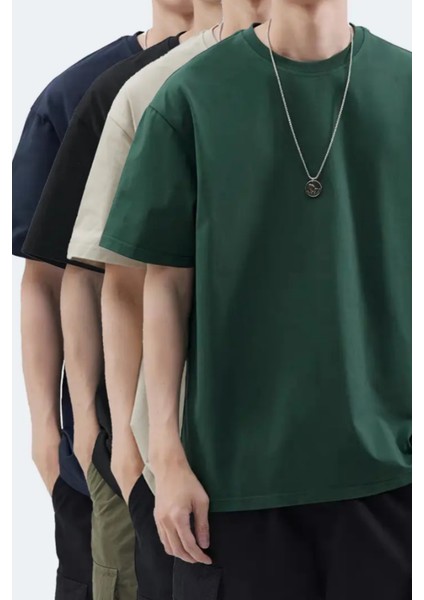 Erkek Siyah Taş Yeşil Lacivert Pamuklu 4'lü T-Shirt Paketi