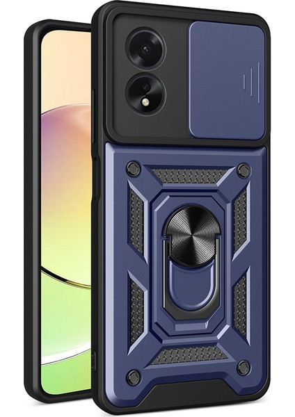 Oppo A38 - Kılıf Magnetik Standlı Kamera Korumalı Sürgülü Kapak - Mavi