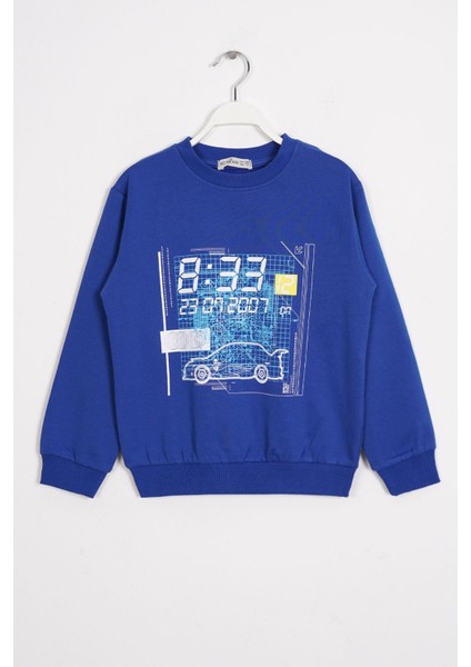 Bisiklet Yaka Araba Baskılı Saks Renk Erkek Çocuk Sweatshirt