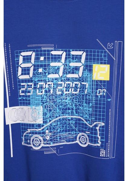 Bisiklet Yaka Araba Baskılı Saks Renk Erkek Çocuk Sweatshirt