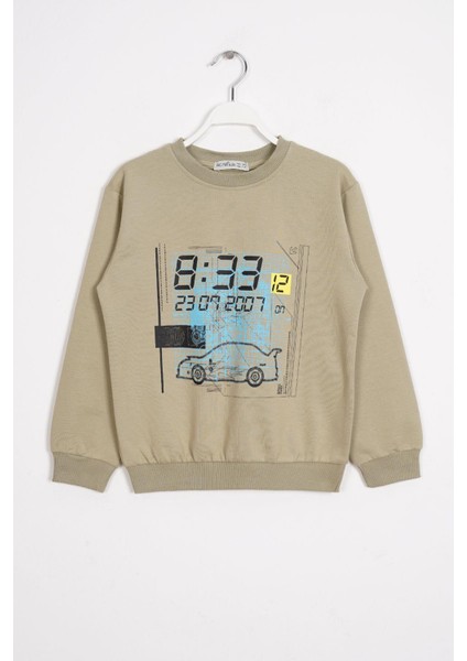 Bisiklet Yaka Araba Baskılı Haki Renk Erkek Çocuk Sweatshirt