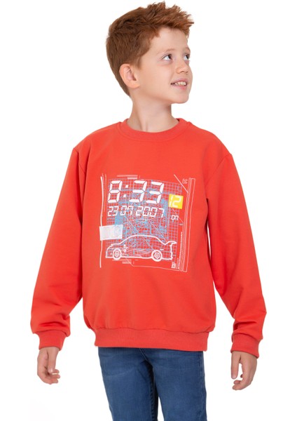 Bisiklet Yaka Araba Baskılı Kiremit Renk Erkek Çocuk Sweatshirt