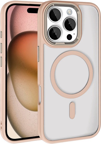 Apple iPhone 16 Pro Max - Kılıf Wireless Şarj Özellikli Krom Magsafe Silikon Kapak - Gold