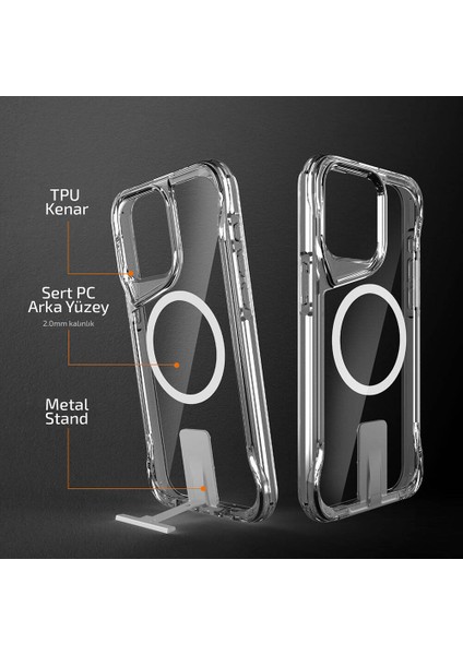 Apple iPhone 15 Pro Max - Kılıf Magsafe Şarj Özellikli T-Max Standlı Kapak - Şeffaf