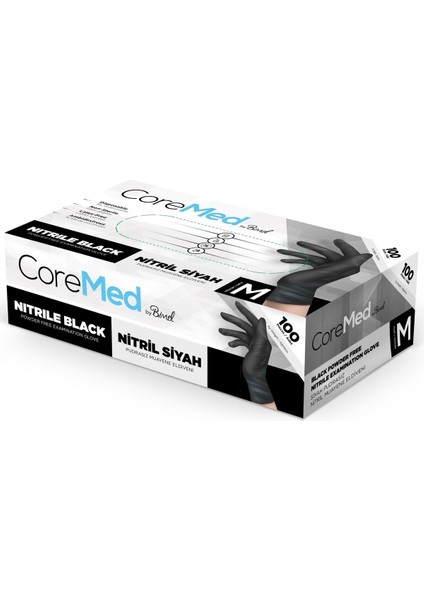 Coremed Nitril Pudrasız Eldiven Siyah Medium 100'LÜ